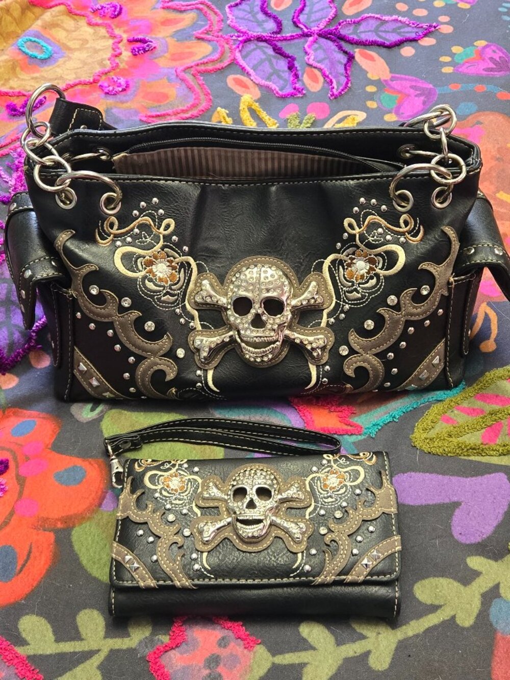 Bling Skull Concealed Carry Purse Handbag and Wallet/Wristlet